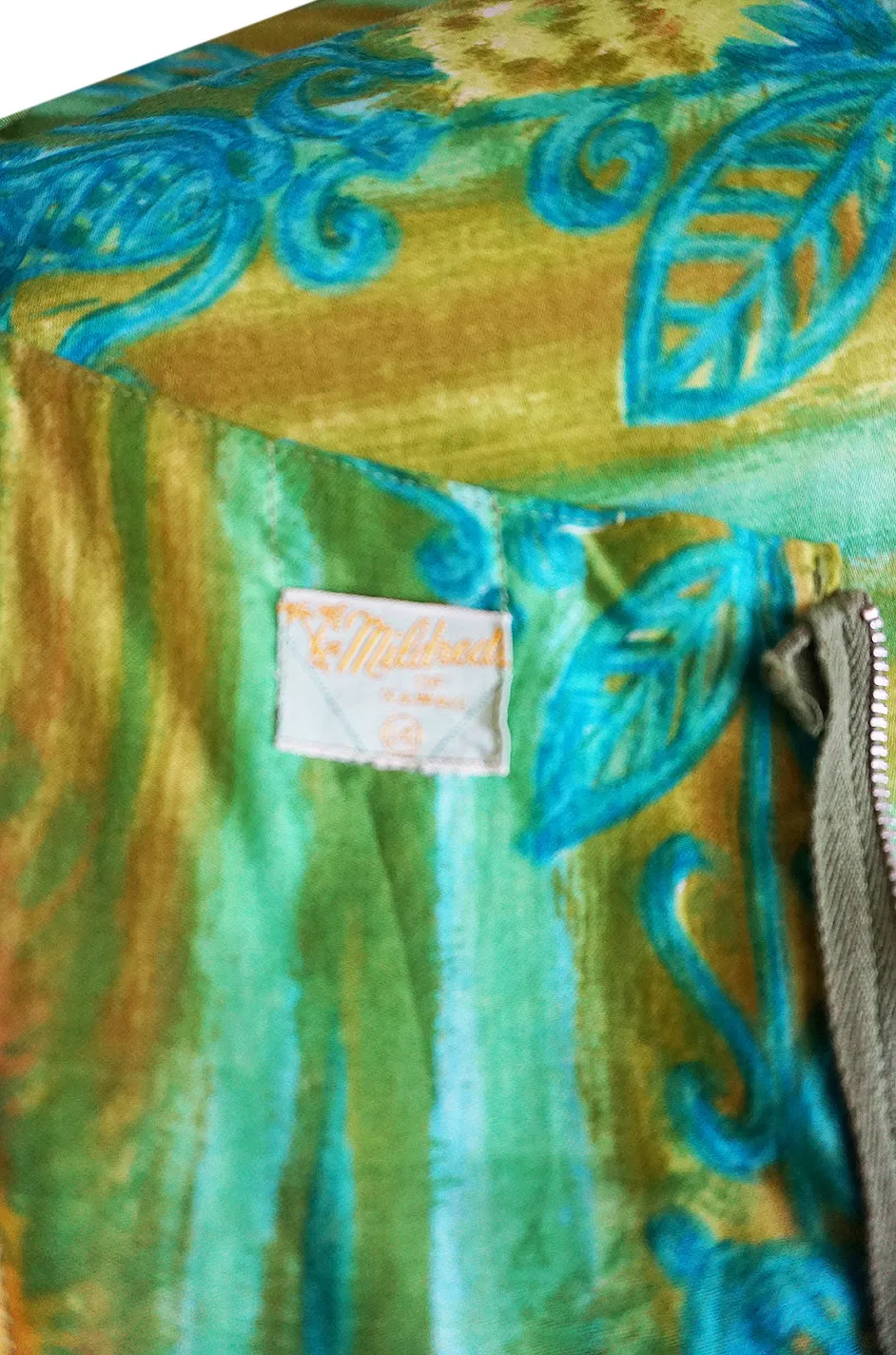 1950s Mildreds of Hawaii Green & Blue Print Cotton Summer Dress