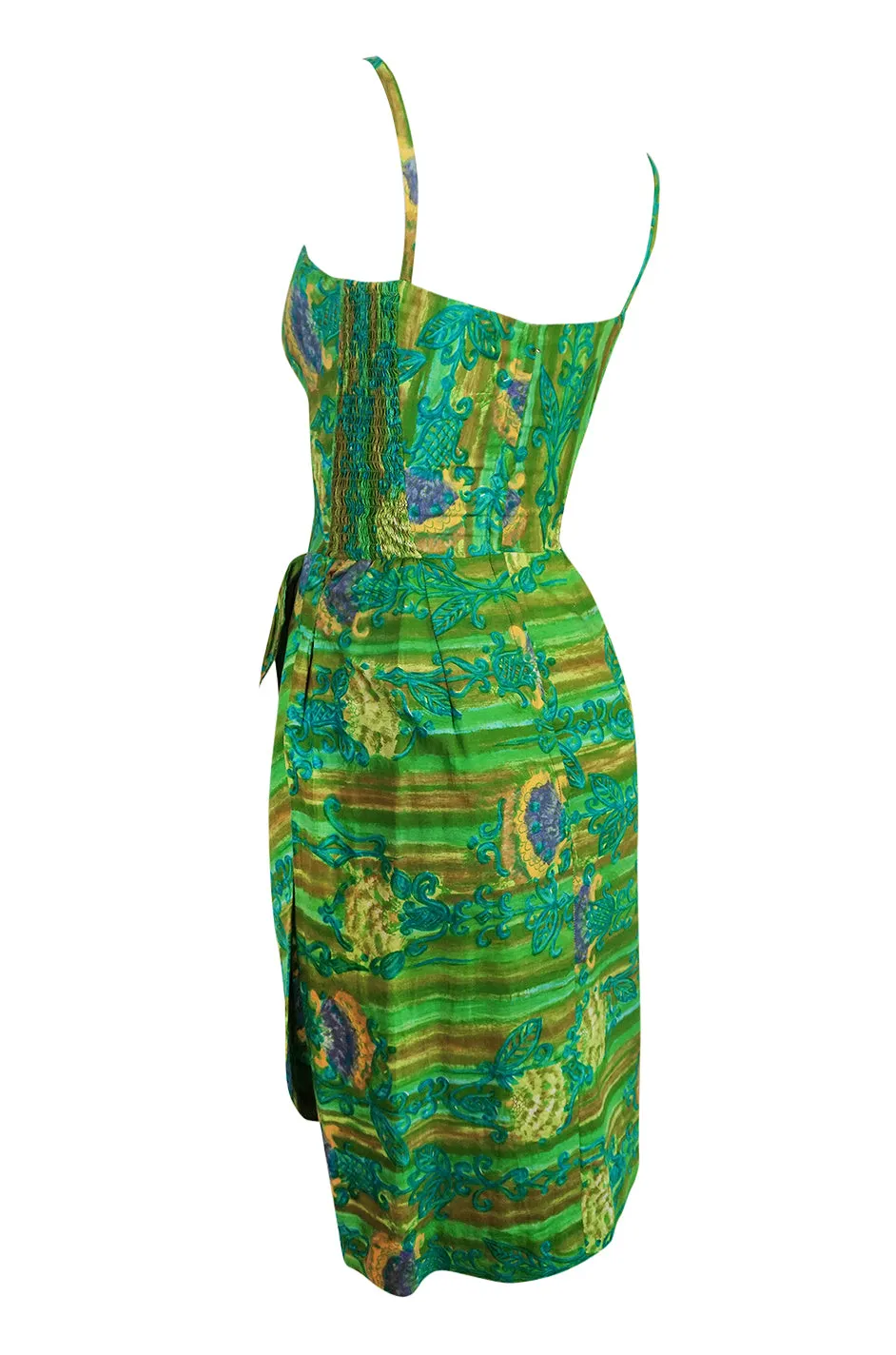 1950s Mildreds of Hawaii Green & Blue Print Cotton Summer Dress