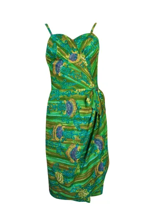 1950s Mildreds of Hawaii Green & Blue Print Cotton Summer Dress