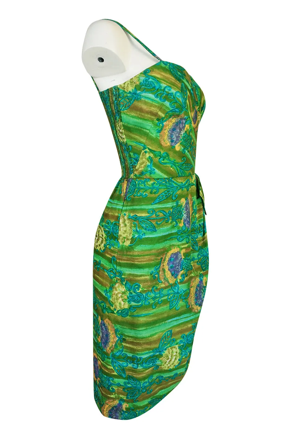 1950s Mildreds of Hawaii Green & Blue Print Cotton Summer Dress