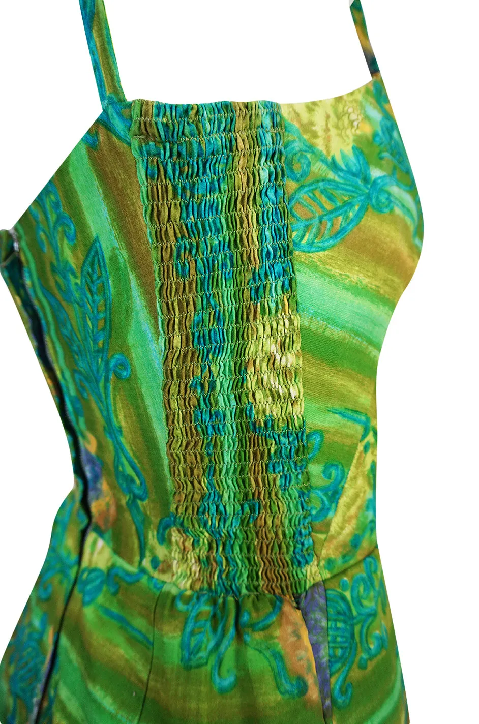 1950s Mildreds of Hawaii Green & Blue Print Cotton Summer Dress