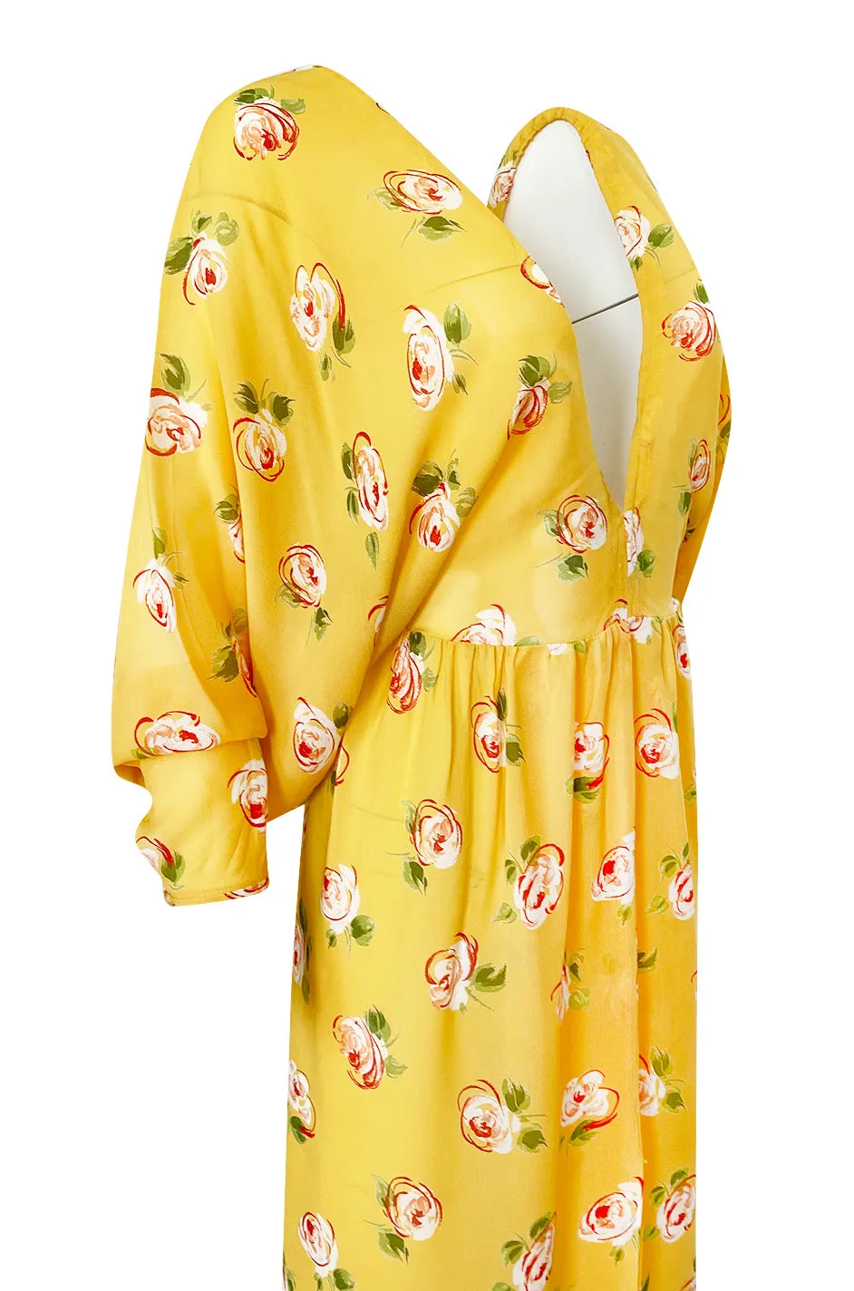 1970s Jean Varon Deep Front & Back Plunge Floral Print Yellow Crepe Dress