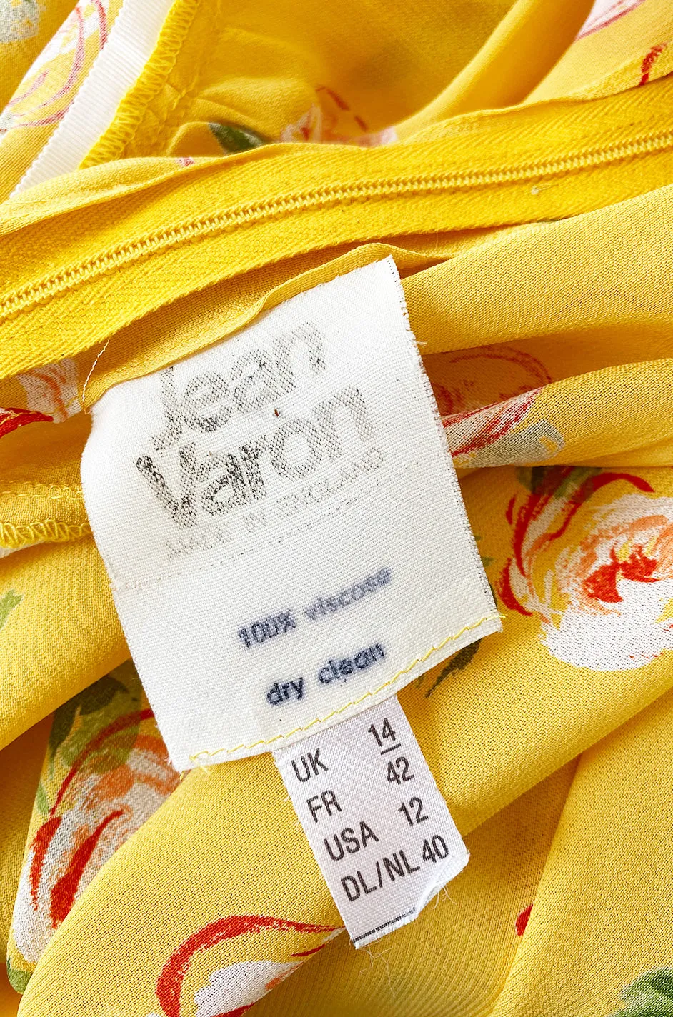 1970s Jean Varon Deep Front & Back Plunge Floral Print Yellow Crepe Dress