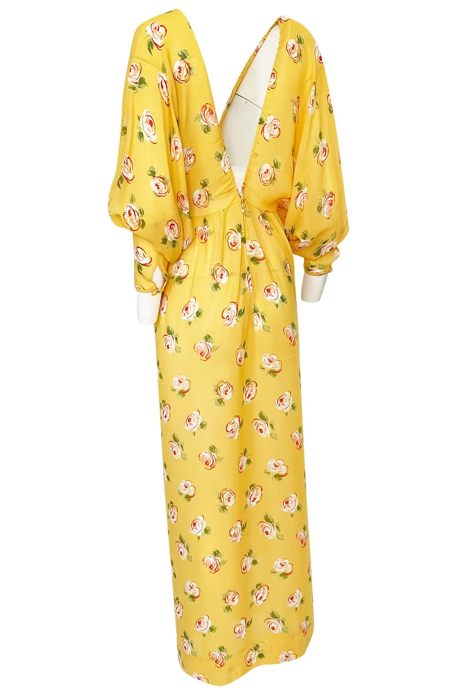 1970s Jean Varon Deep Front & Back Plunge Floral Print Yellow Crepe Dress