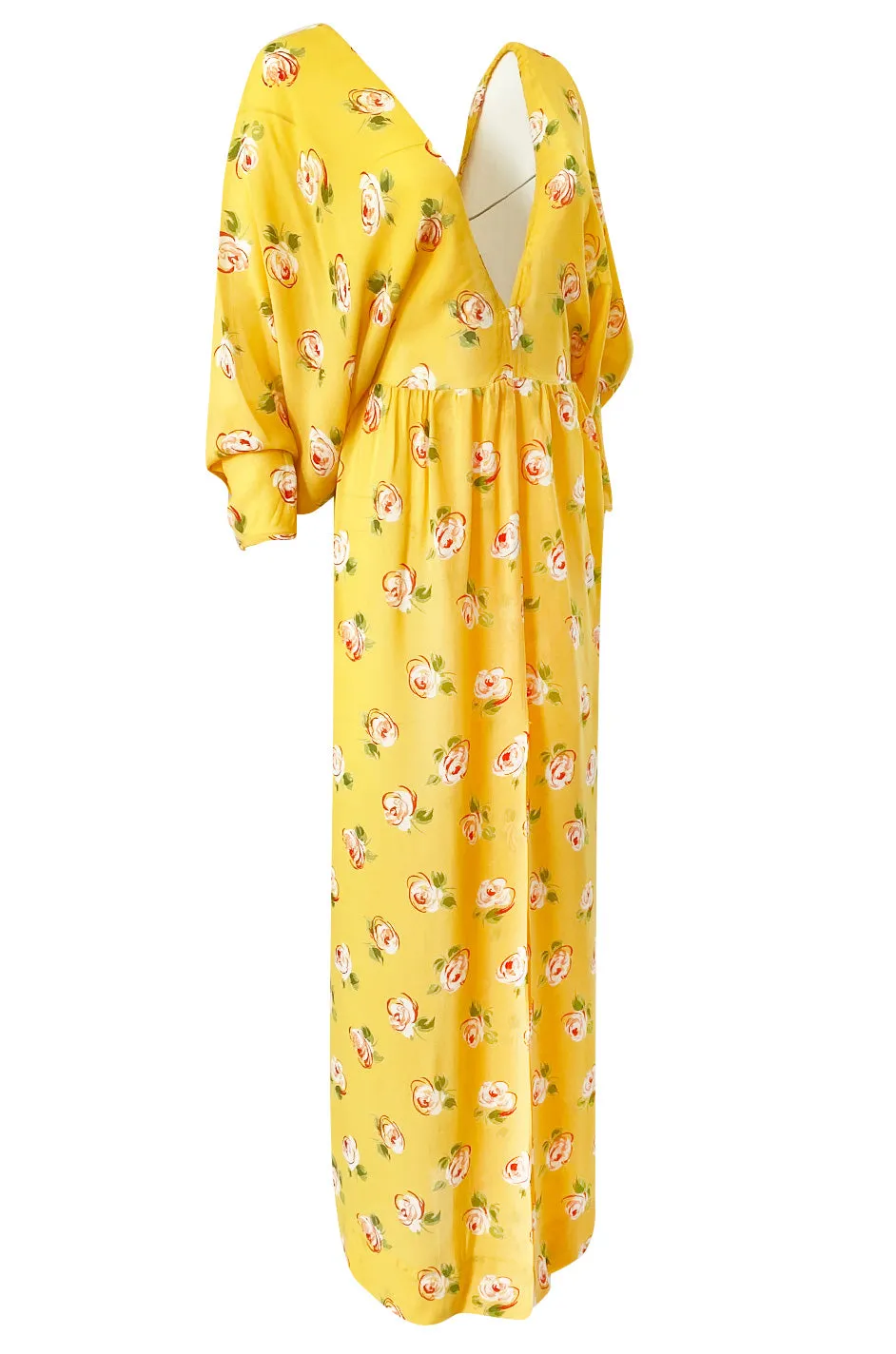 1970s Jean Varon Deep Front & Back Plunge Floral Print Yellow Crepe Dress