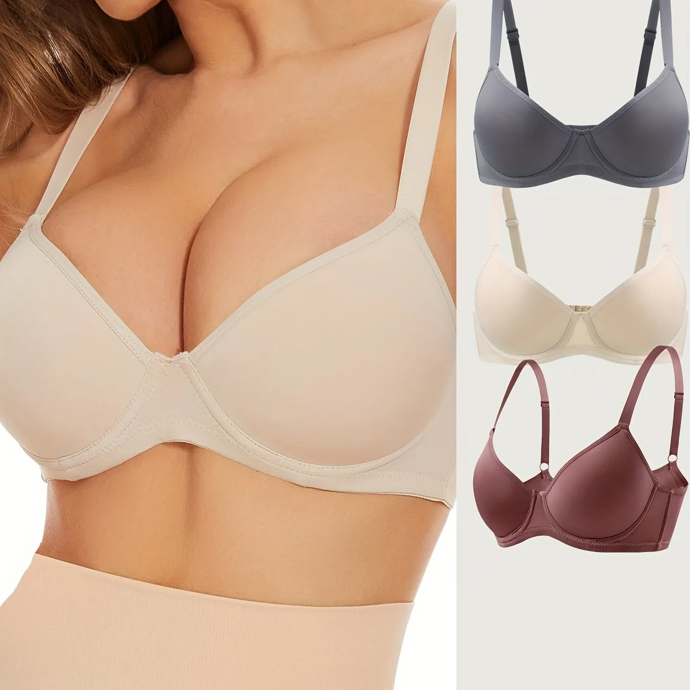 3pcs Simple Solid Push Up Bras, Comfy & Breathable Everyday T-Shirt Bra, Women's Lingerie & Underwear