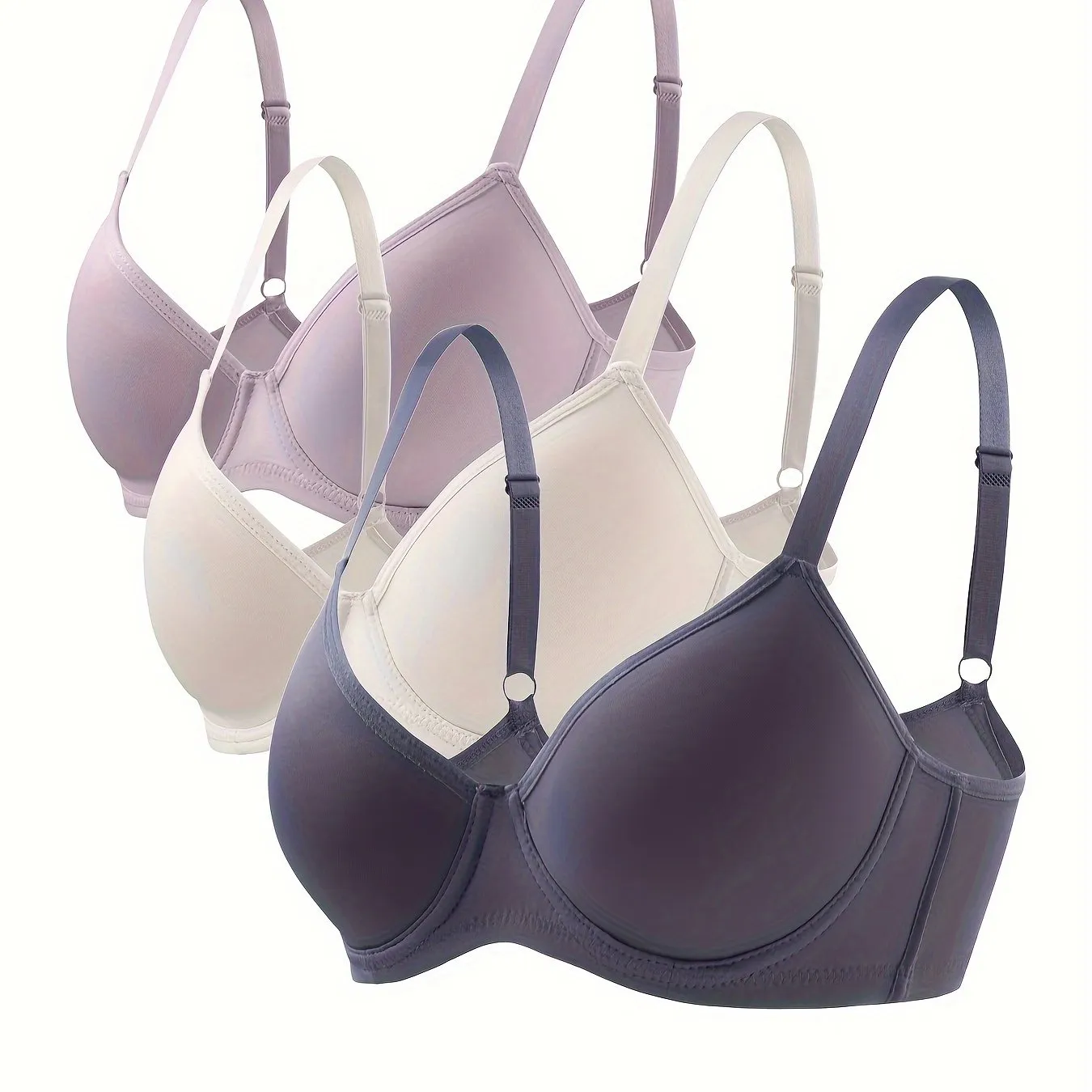 3pcs Simple Solid Push Up Bras, Comfy & Breathable Everyday T-Shirt Bra, Women's Lingerie & Underwear