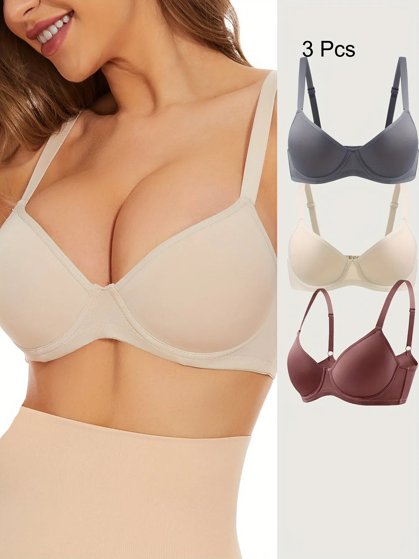 3pcs Simple Solid Push Up Bras, Comfy & Breathable Everyday T-Shirt Bra, Women's Lingerie & Underwear