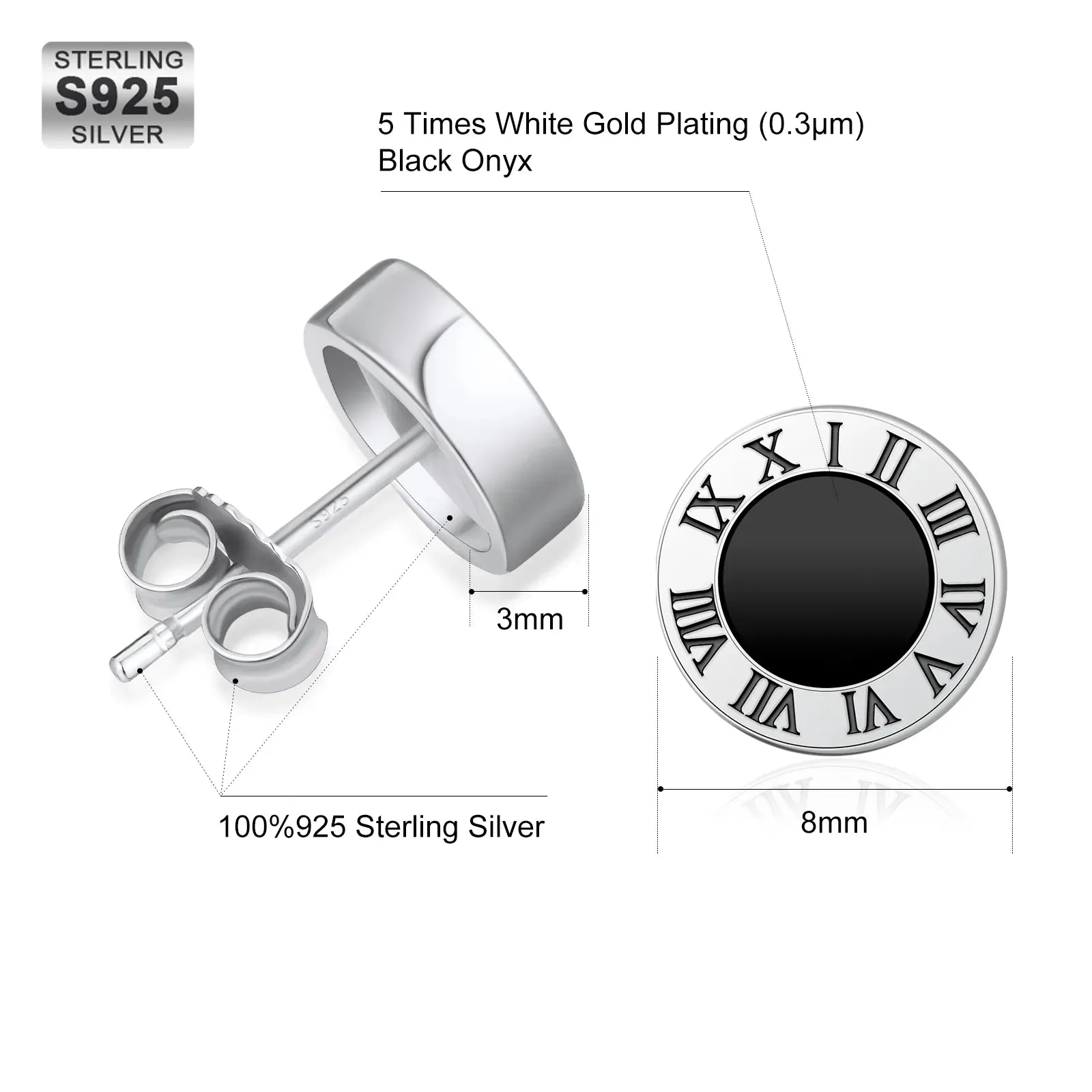 8mm Roman Numerals Black Agate Round Diamond Stud Earrings in 925 Sterling Silver