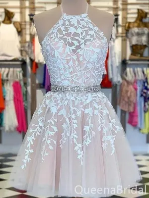 A-line Leaf Appliques Beaded Halter Light Pink Graduation Party Short Homecoming Dresses ,QB0731