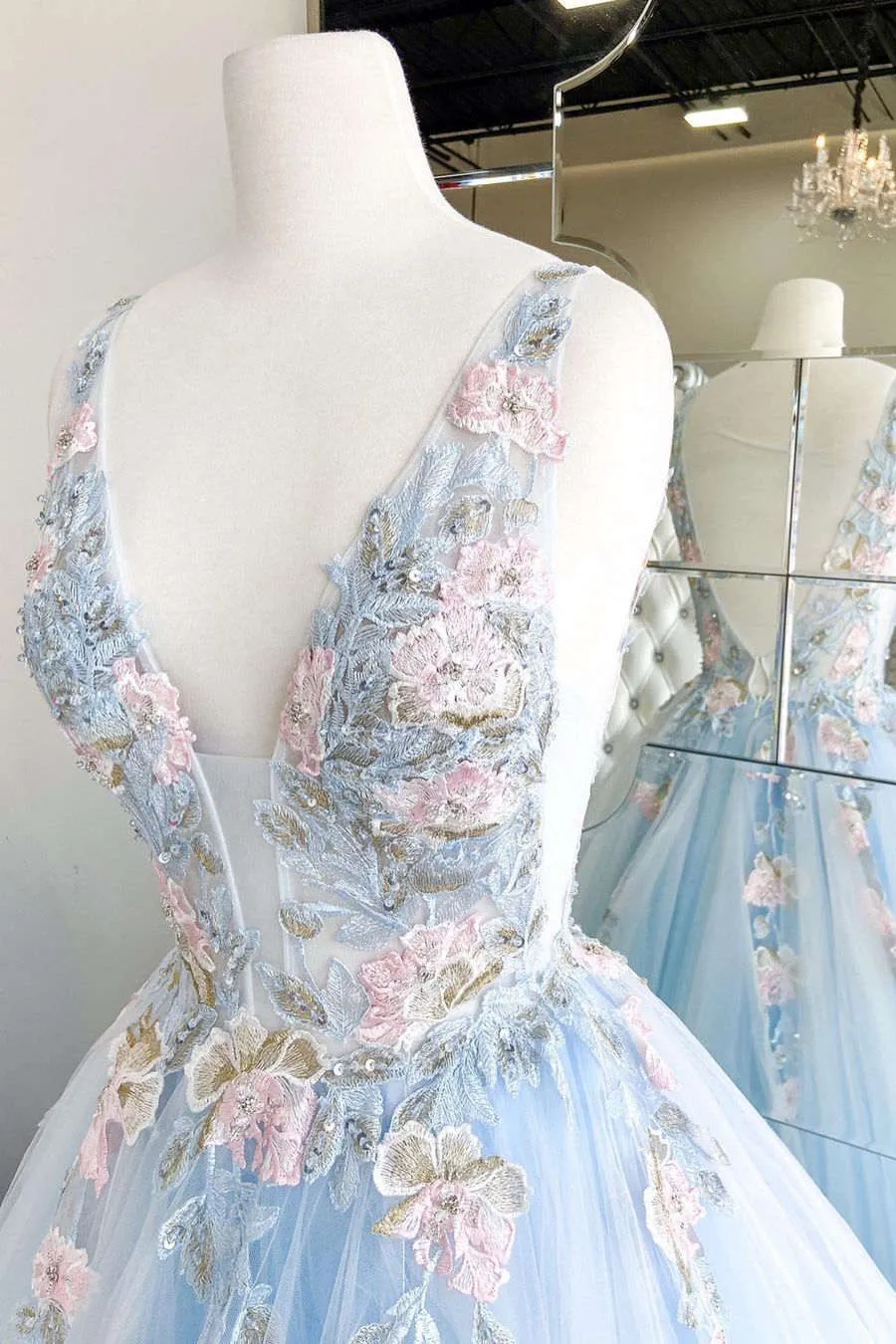 A-Line Plunging Neck Baby Blue Long Prom Dress with Embroidery