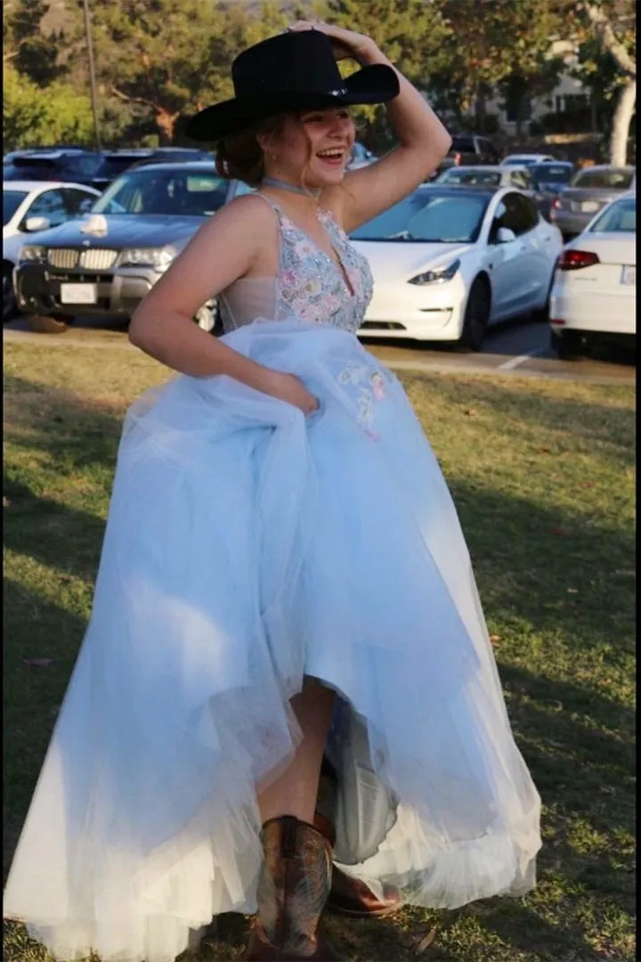 A-Line Plunging Neck Baby Blue Long Prom Dress with Embroidery