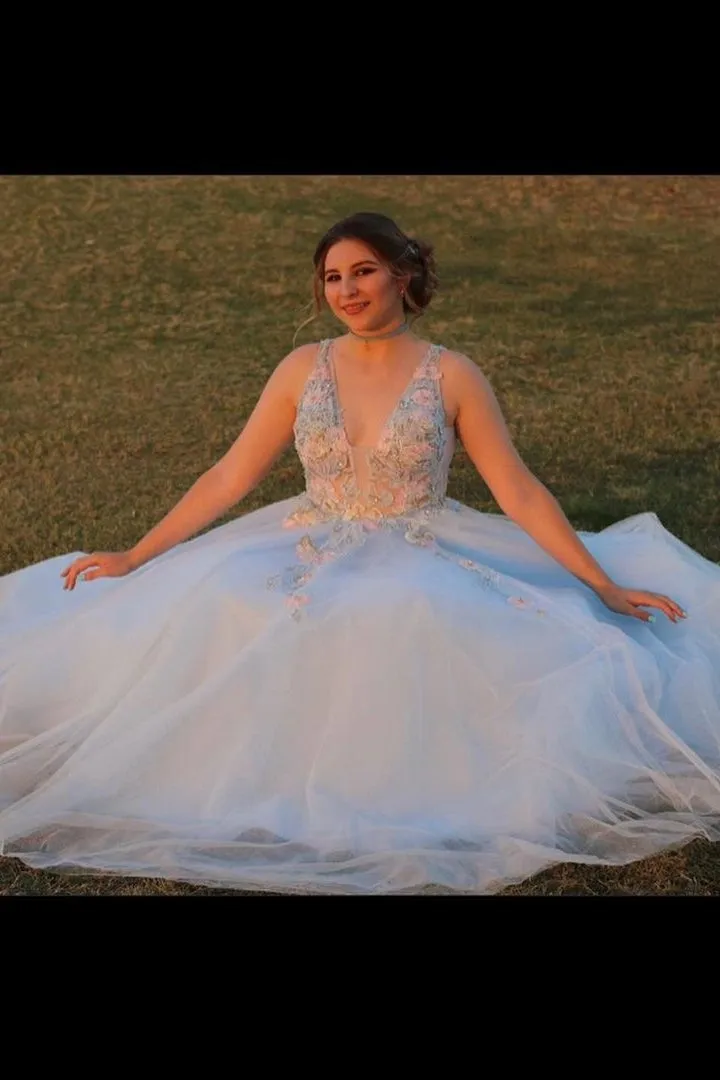 A-Line Plunging Neck Baby Blue Long Prom Dress with Embroidery