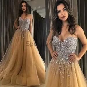 A-line Sweetheart Elegant Sparkly Crystal Long Modest New Prom Dresses PD1747