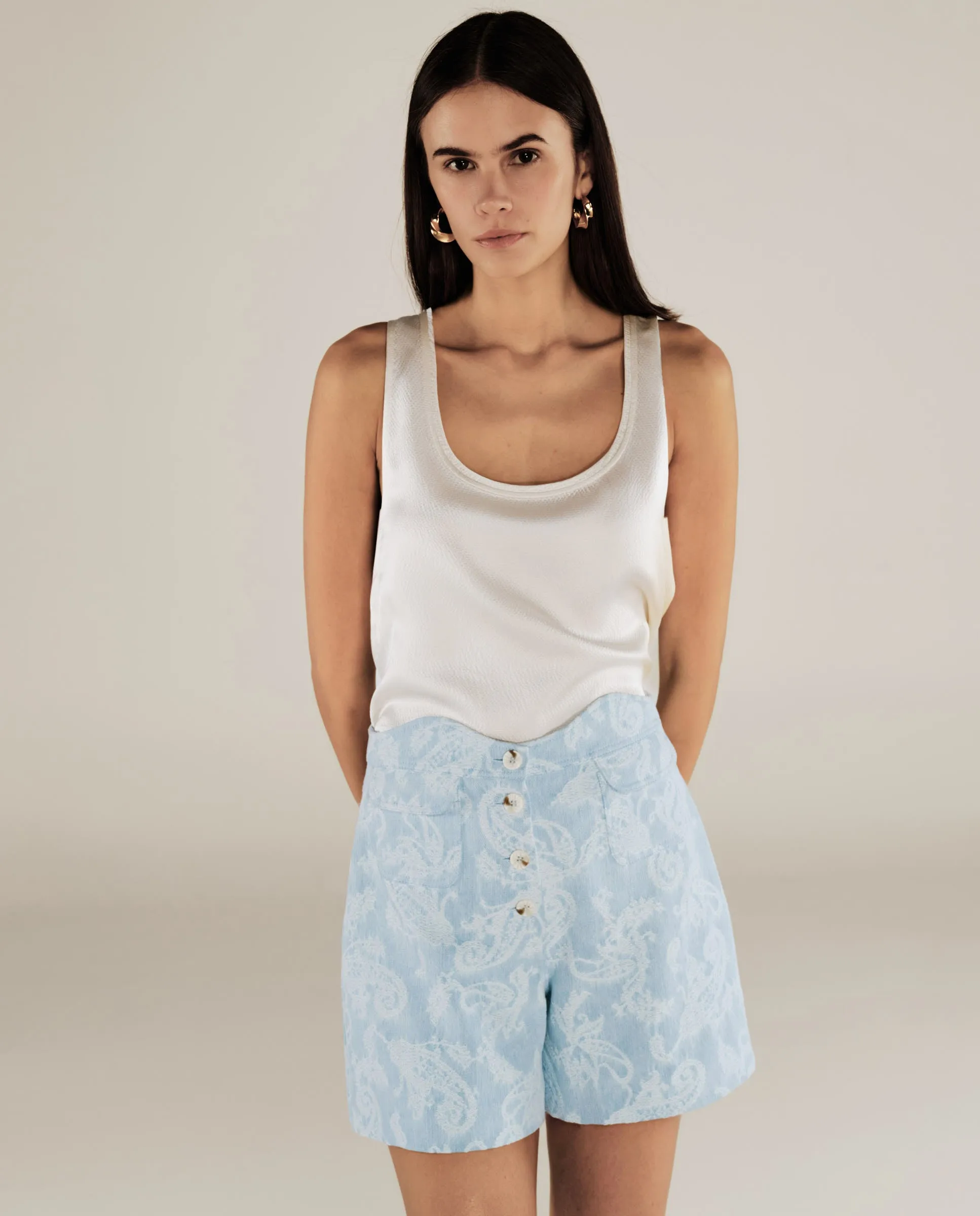 AARYA | Pale Denim Blue Paisley Cotton Shorts