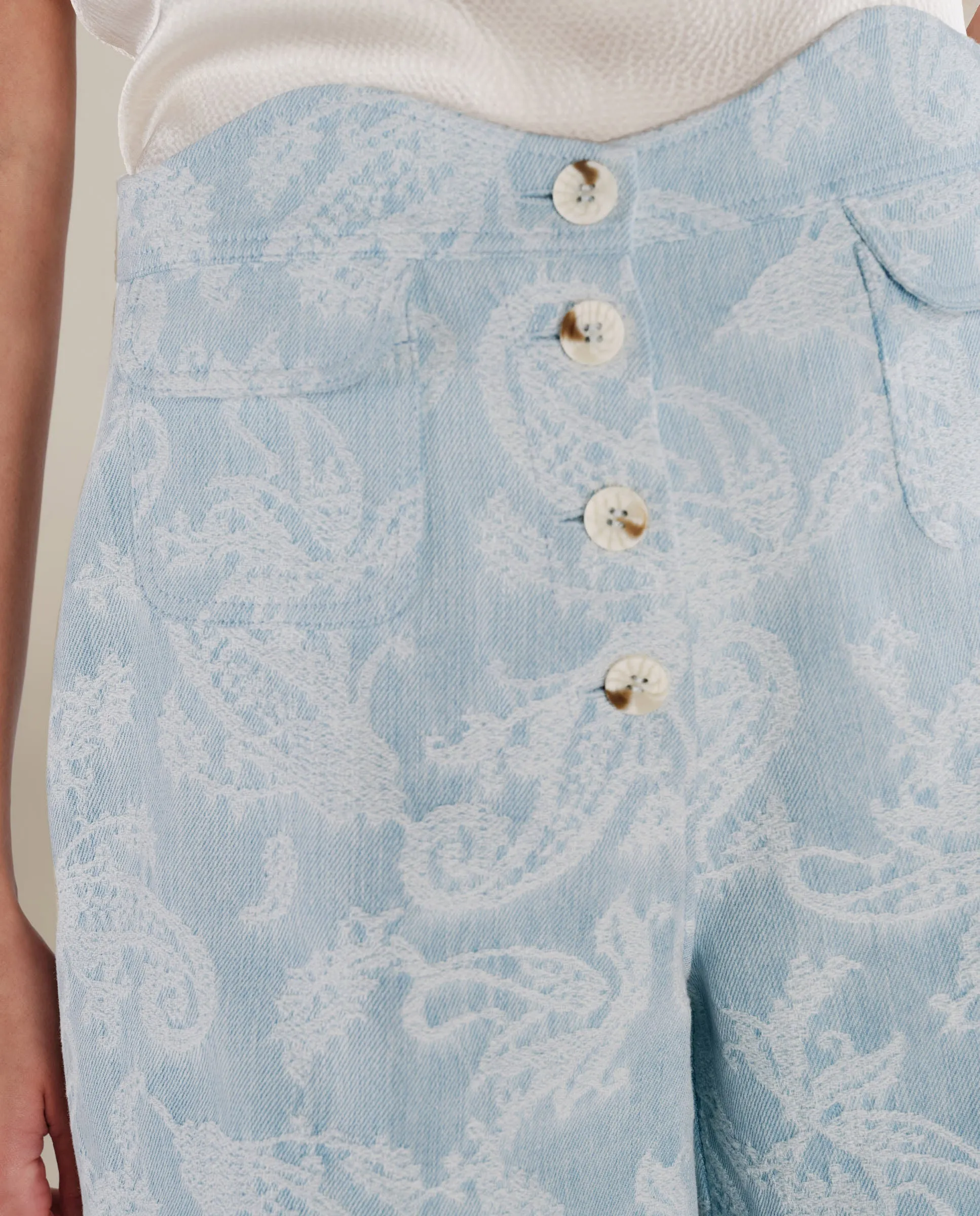 AARYA | Pale Denim Blue Paisley Cotton Shorts