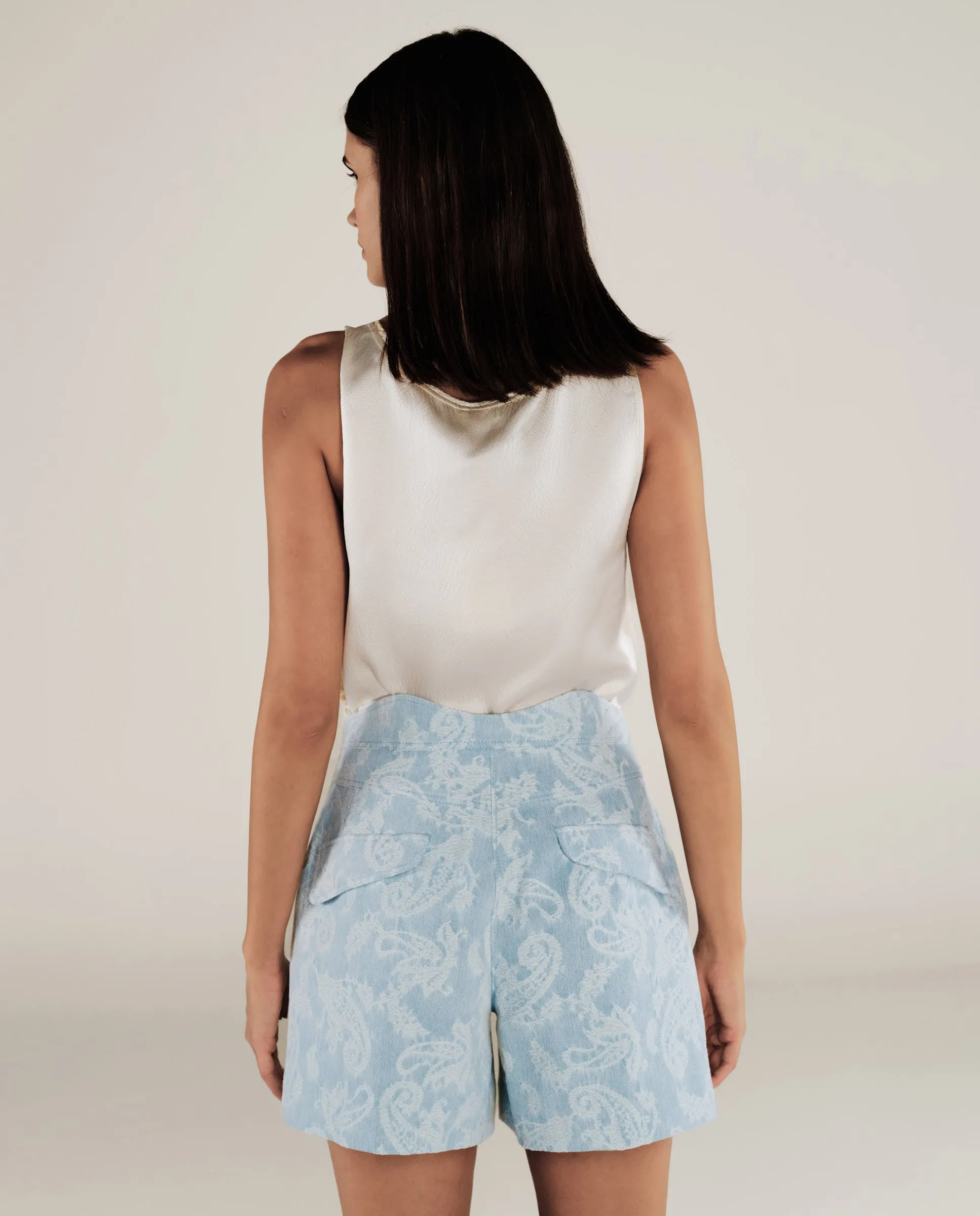 AARYA | Pale Denim Blue Paisley Cotton Shorts
