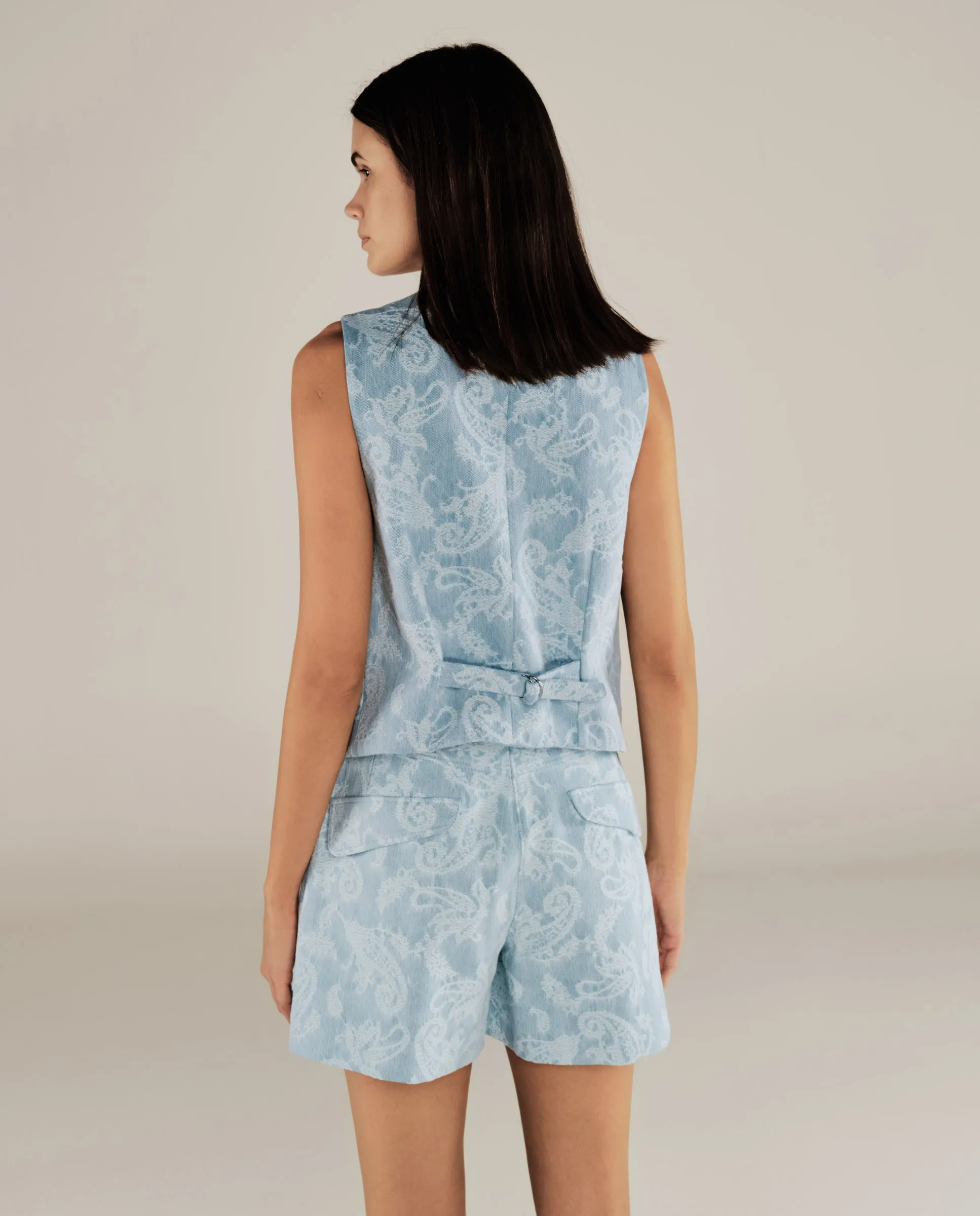 AARYA | Pale Denim Blue Paisley Cotton Shorts