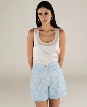 AARYA | Pale Denim Blue Paisley Cotton Shorts
