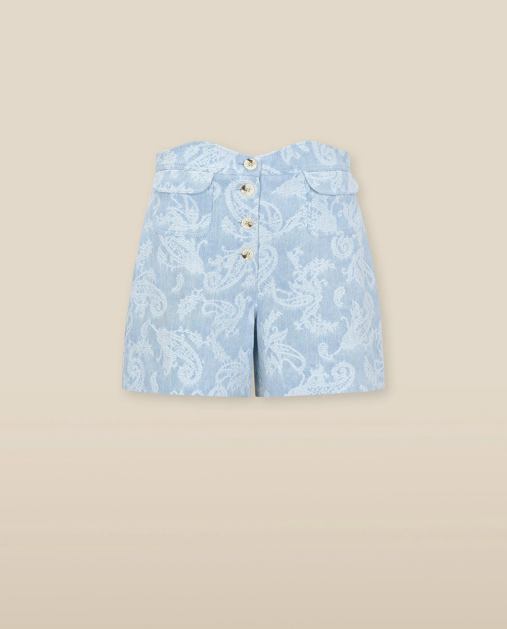 AARYA | Pale Denim Blue Paisley Cotton Shorts
