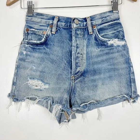 Agolde Dee High Rise Denim Shorts In Riccochet Distressed Size 24