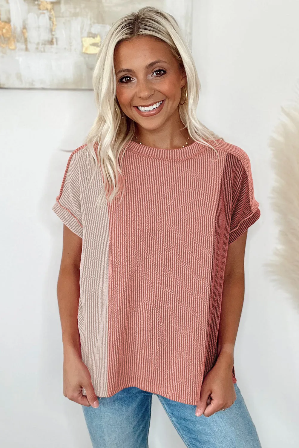 Apricot Pink Textured Colorblock Crew Neck Top