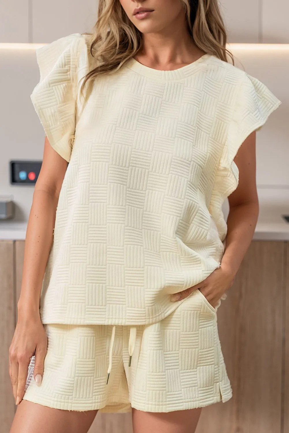 Apricot Textured Ruffled Sleeve Tee and Drawstring Shorts Set