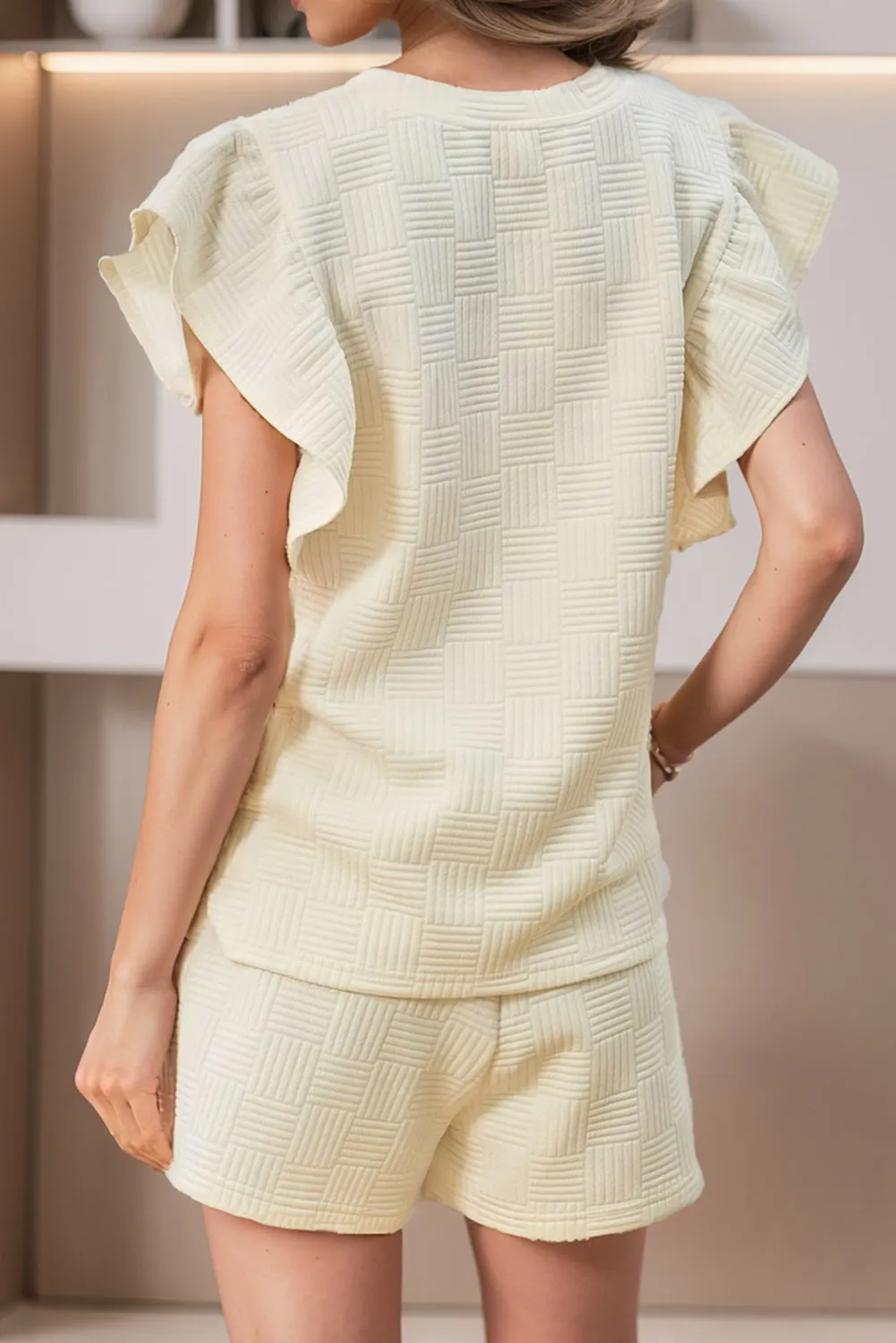 Apricot Textured Ruffled Sleeve Tee and Drawstring Shorts Set