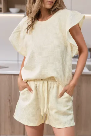 Apricot Textured Ruffled Sleeve Tee and Drawstring Shorts Set