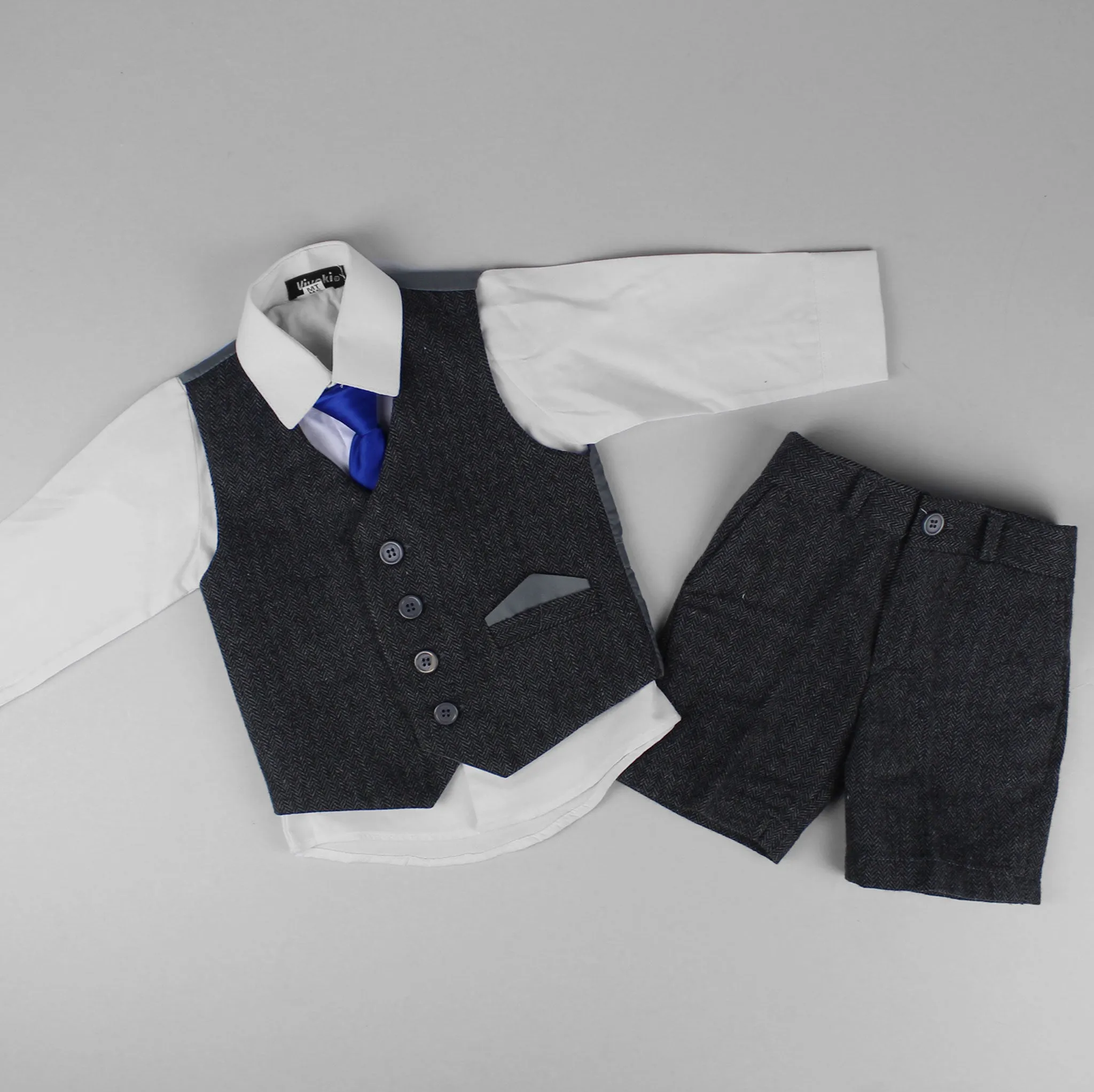 Baby Boys Charcoal Tweed Suit - Shorts, Shirt, Waistcoat, Tie