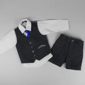 Baby Boys Charcoal Tweed Suit - Shorts, Shirt, Waistcoat, Tie
