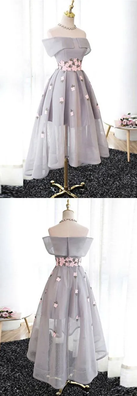 Best Sale Elegant A-Line Off-Shoulder High-Low Gray Organza Prom Dresses with Appliques,220037
