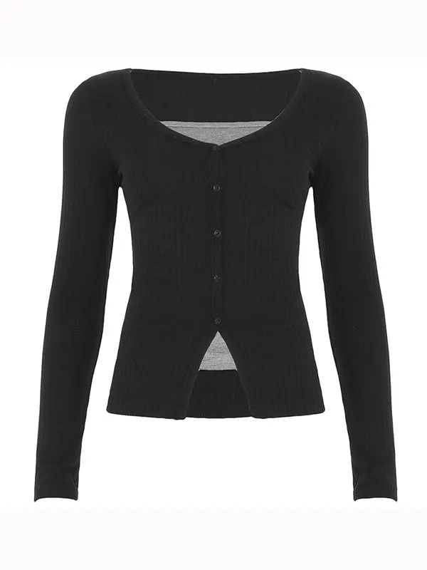 Black 2000s fake two-piece knit long-sleeved shirt
