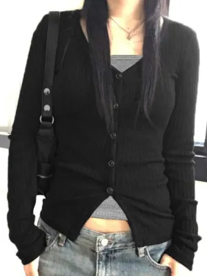 Black 2000s fake two-piece knit long-sleeved shirt
