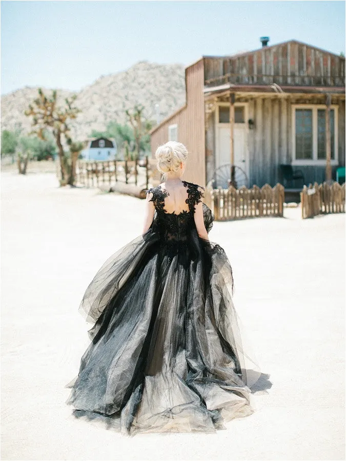 Black Applique Tulle Elegant Cheap Evening Long Prom Dress Ball Gown, BG51495