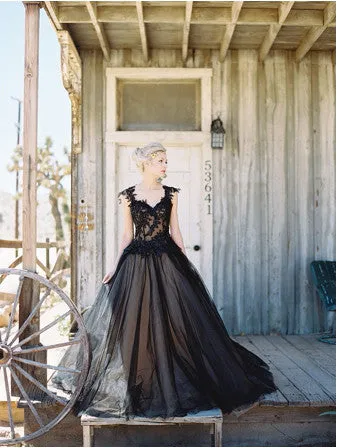 Black Applique Tulle Elegant Cheap Evening Long Prom Dress Ball Gown, BG51495