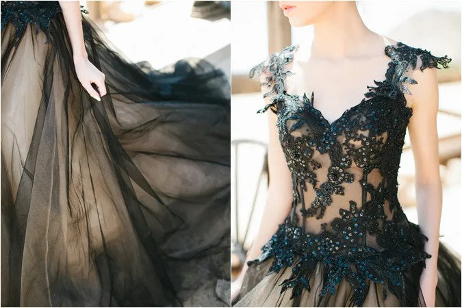 Black Applique Tulle Elegant Cheap Evening Long Prom Dress Ball Gown, BG51495