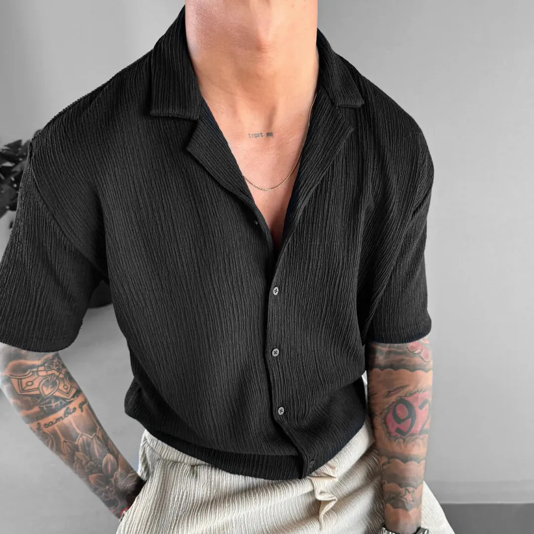 BLACK COTTON CRUSH RELAXED FIT SHORT SLEEVE SHIRT