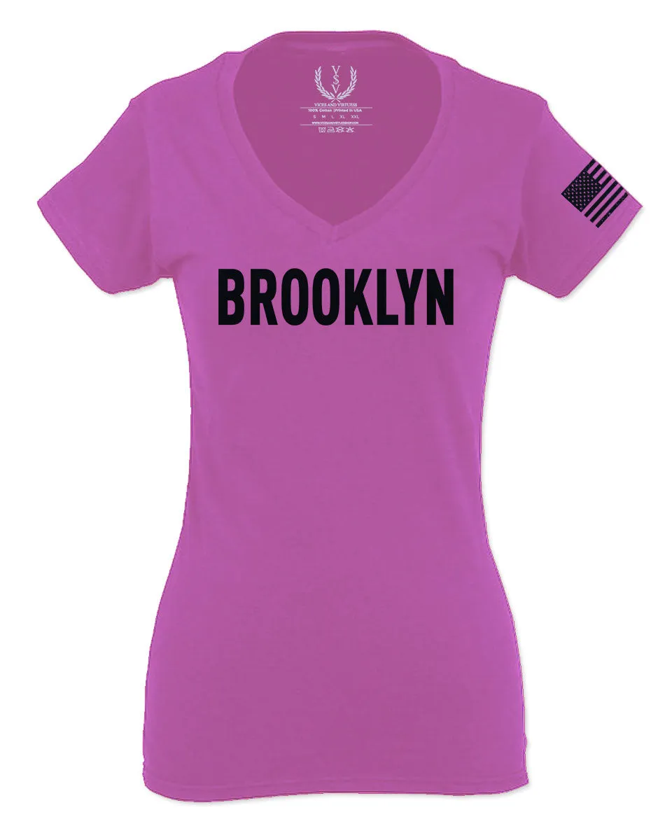 Black Fonts New York Brooklyn NYC Cool City American For Women V neck fitted T Shirt