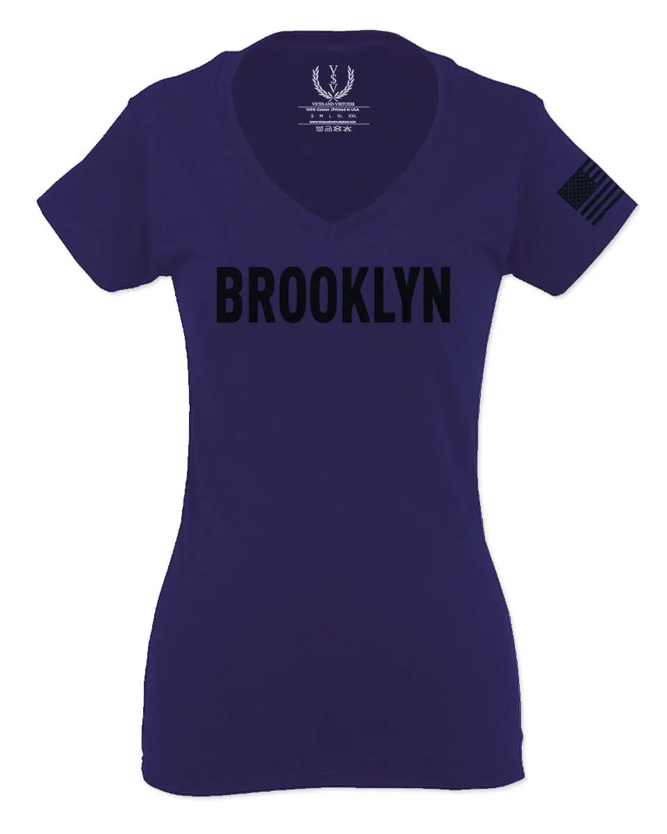 Black Fonts New York Brooklyn NYC Cool City American For Women V neck fitted T Shirt