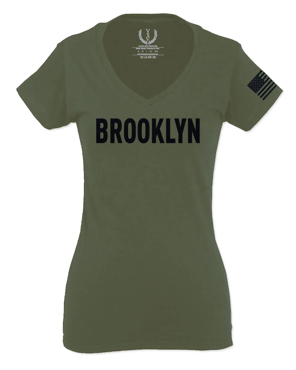 Black Fonts New York Brooklyn NYC Cool City American For Women V neck fitted T Shirt