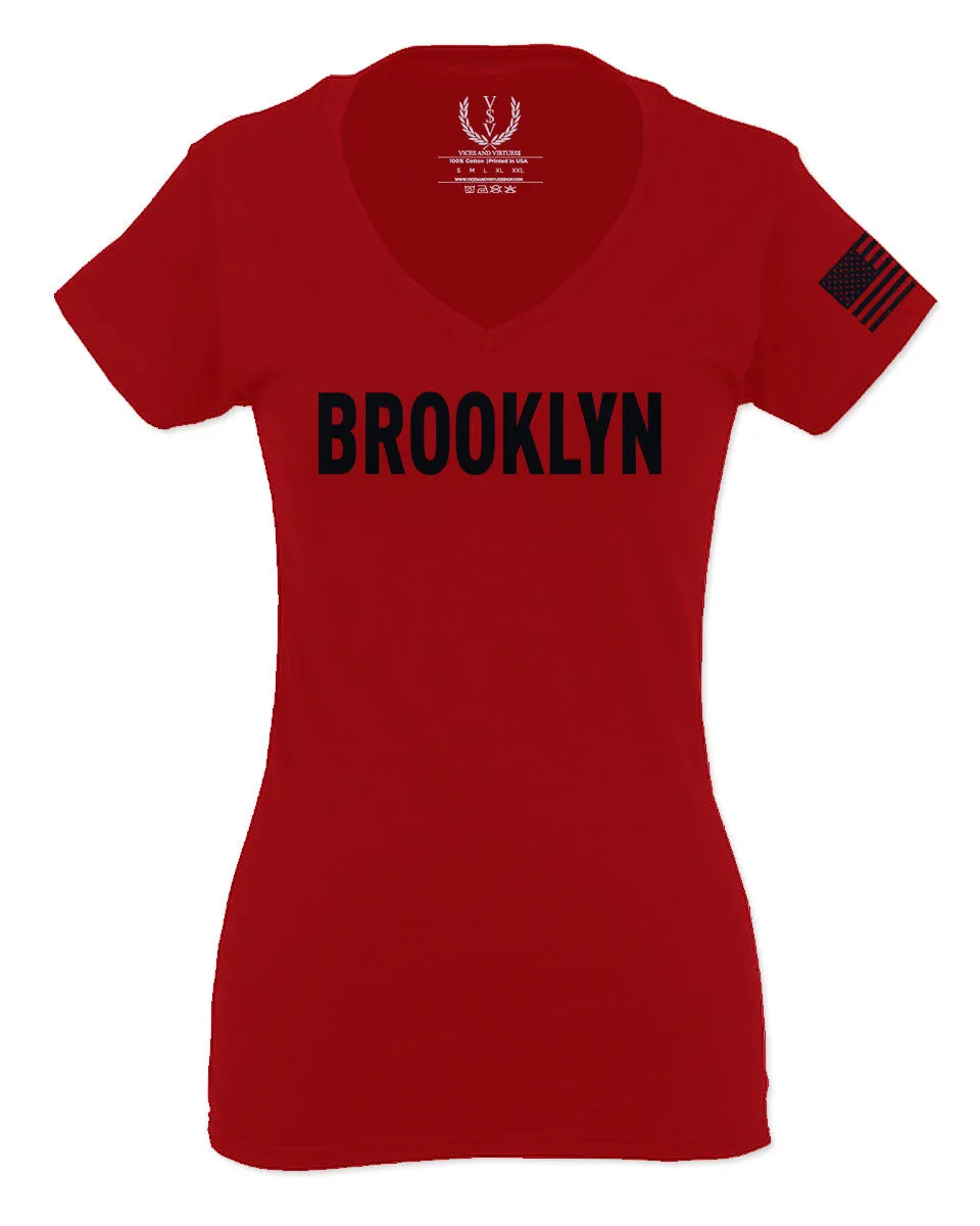 Black Fonts New York Brooklyn NYC Cool City American For Women V neck fitted T Shirt