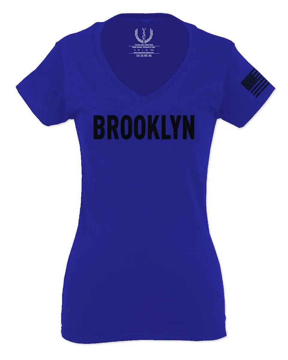 Black Fonts New York Brooklyn NYC Cool City American For Women V neck fitted T Shirt