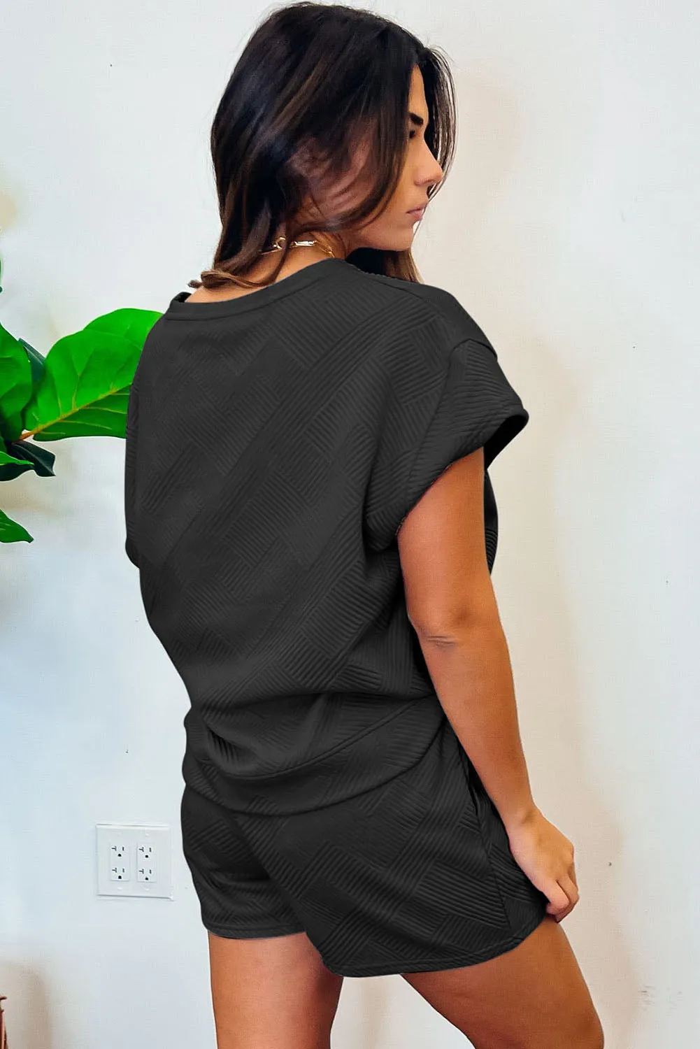 Black Gray 2pcs Solid Textured Drawstring Shorts Set