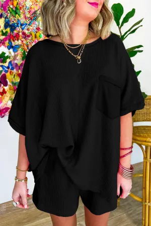 Black Waffle Knit Oversize Tee and Shorts Set