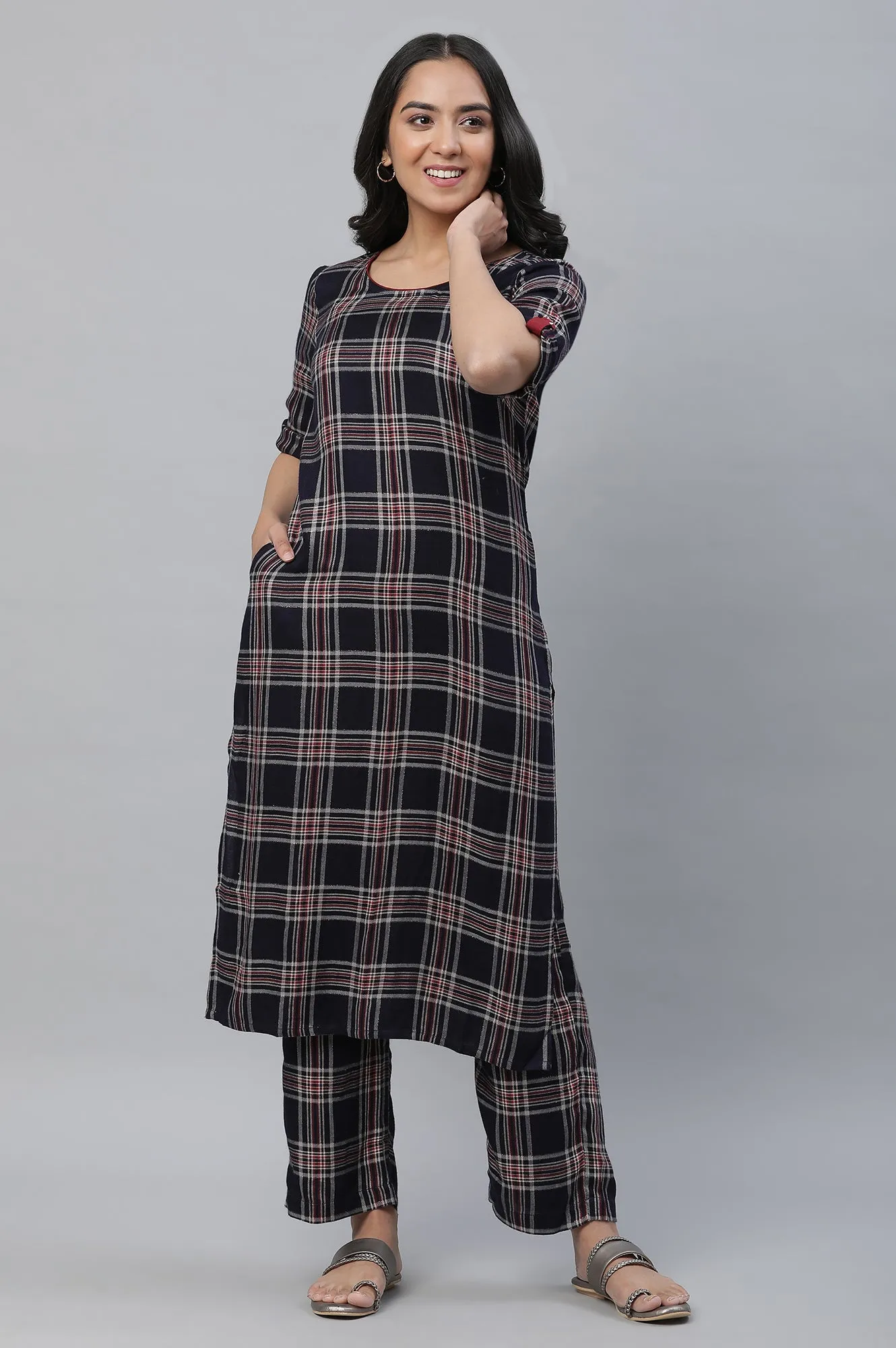 Blue Checker Kurta & Narrow Palazzo Co-ord Set