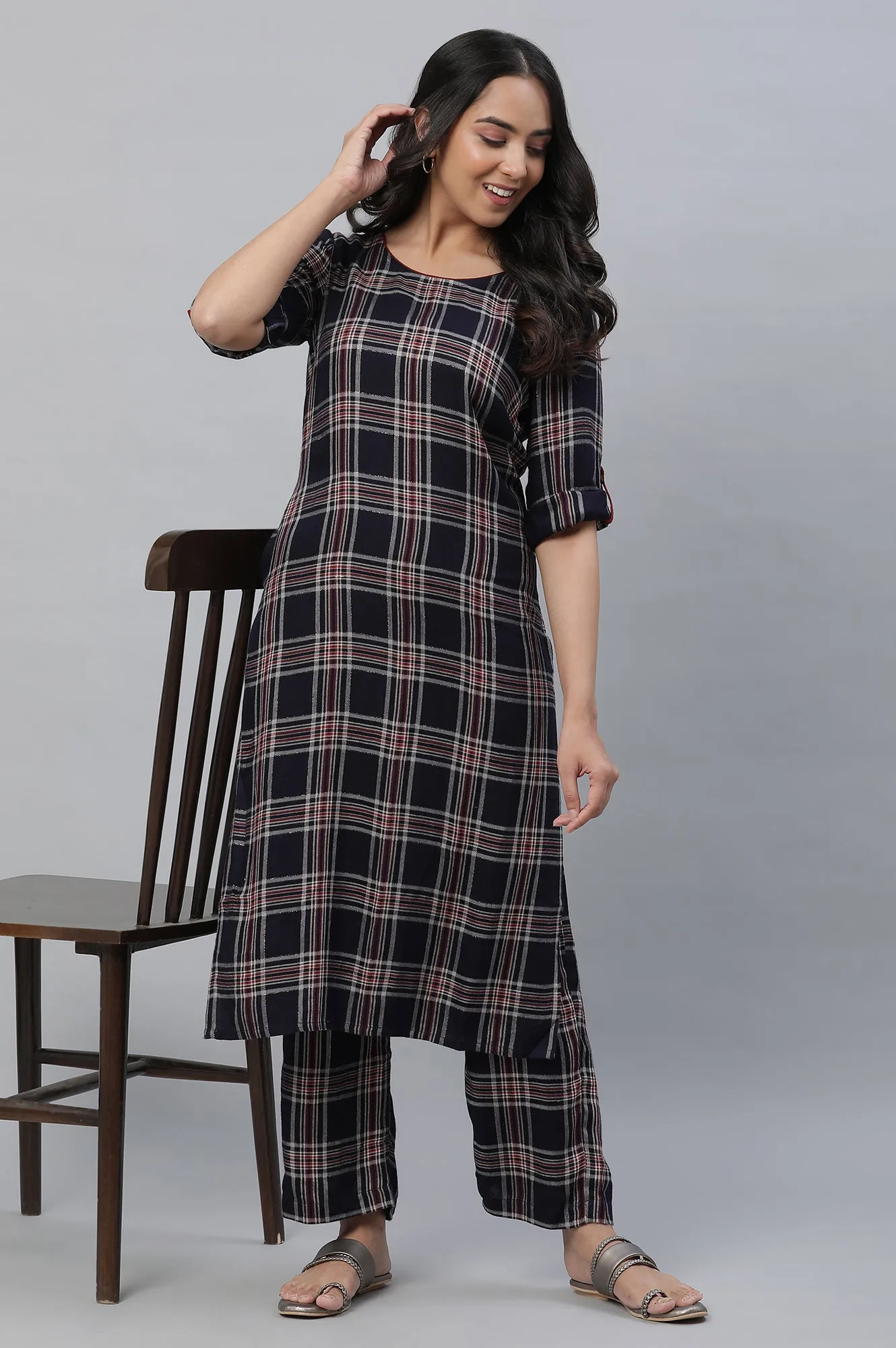 Blue Checker Kurta & Narrow Palazzo Co-ord Set