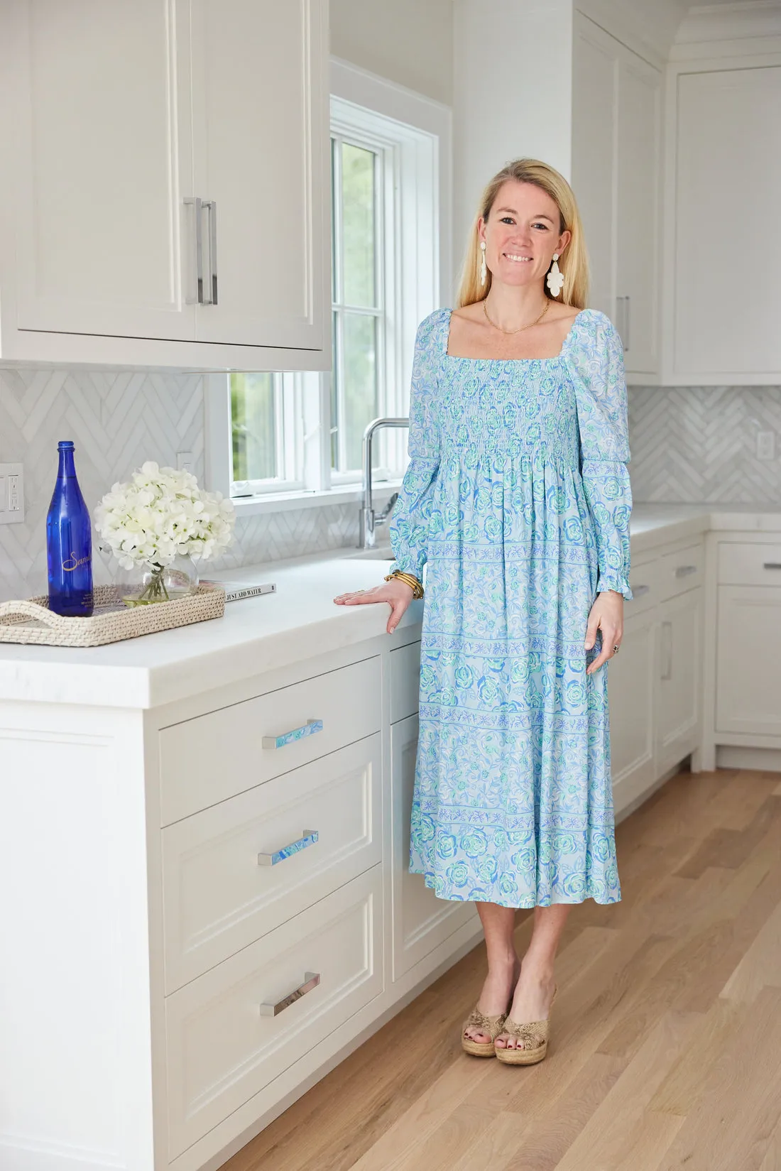 Blue Multi Square Neck Midi Dress
