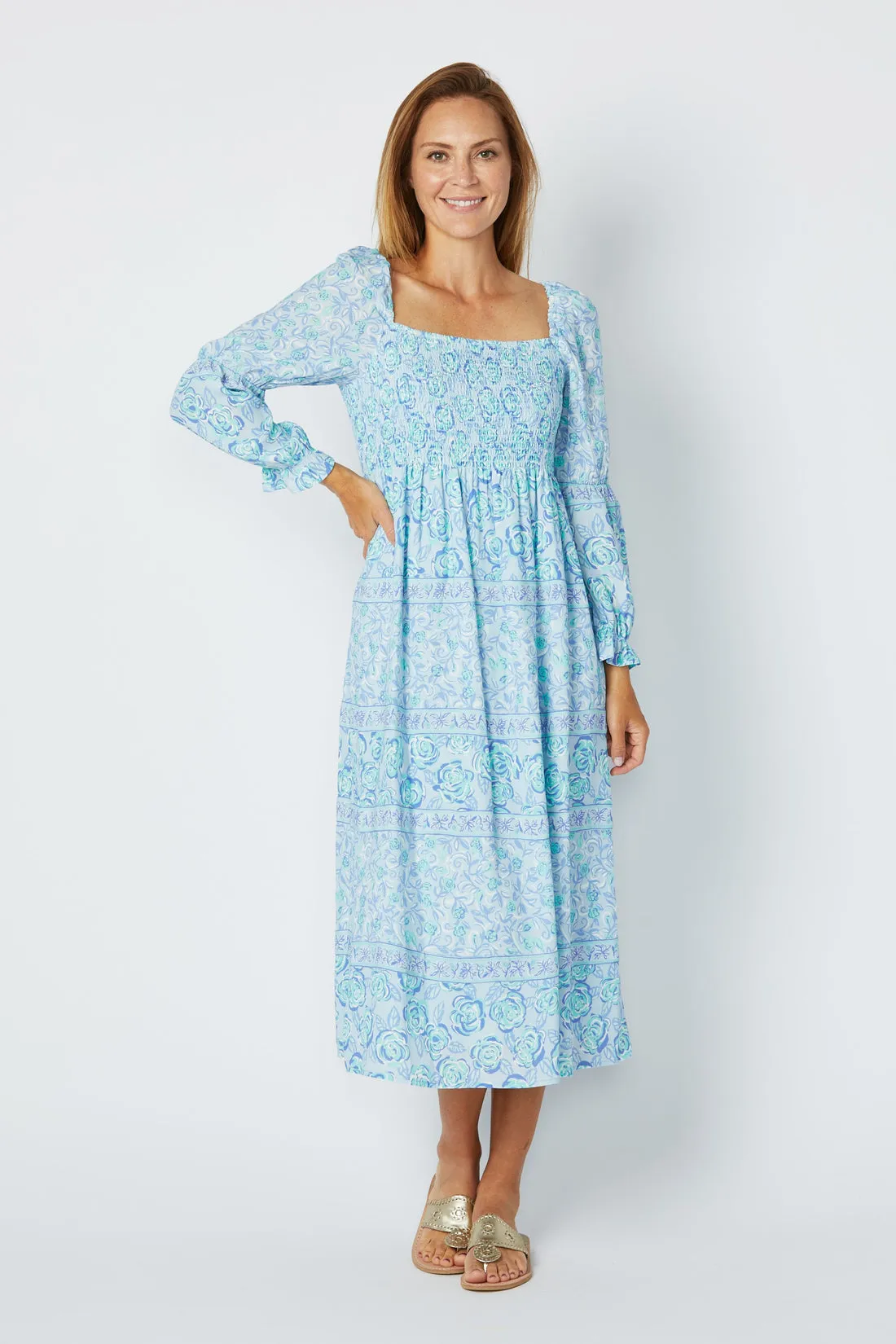 Blue Multi Square Neck Midi Dress