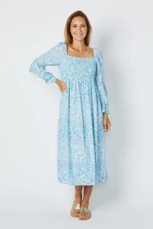 Blue Multi Square Neck Midi Dress